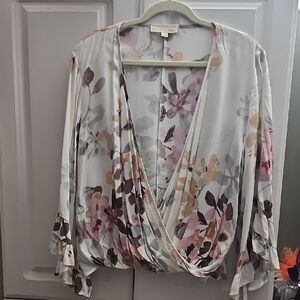 Lovestitch Floral Surplice Blouse - Cream and Pink